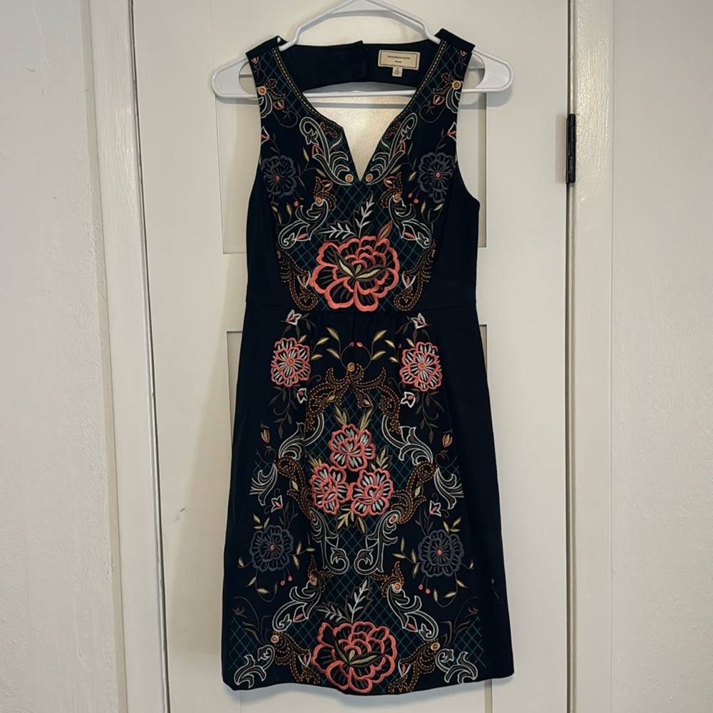 Short dress from Anthropologie. Beautiful embroidery. Perfect for work event.